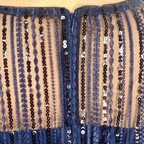 Adrianna Papell Lace Sequin Taffeta Cocktail Dress 10 Knee Length Fit Flare Navy - Picture 10 of 12